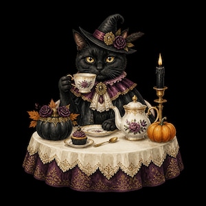 Black Cat Halloween Tea Party Clipart Bundle, 20 Watercolor PNG, Witchy Teacup Pumpkin Graphics, Commercial Use