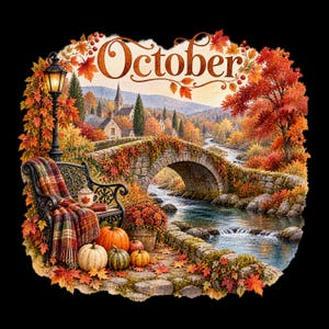 Peut inclure: Une impression graphique avec le mot October en écriture élégante au-dessus d'un paysage de pont en pierre sur un ruisseau, un banc en métal noir avec une couverture à carreaux, une tasse et des citrouilles entourées de feuillage d'automne.