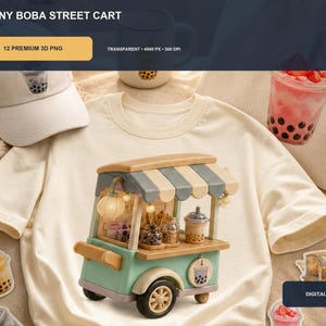 Op de afbeelding: Een digitale grafische set getiteld 3D TINY BOBA STREET CART met 12 premium 3D PNG-bestanden. De afbeelding toont een miniatuur boba-straatkar in groenblauw en crème, een beige t-shirt, een baseballpet, een mok en diverse illustraties van boba-thee.