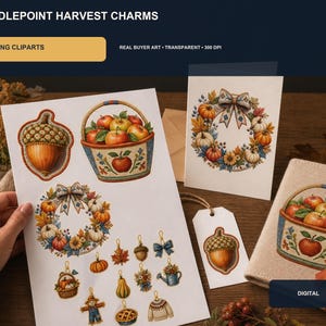 Peut inclure: Une collection numérique intitulée NEEDLEPOINT HARVEST CHARMS comprenant 20 cliparts PNG. Les images présentent des illustrations style point de croix représentant des glands, des paniers de pommes, des couronnes d'automne, des citrouilles et un épouvantail.