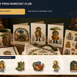 Cozy Frog Raincoat Club Clipart Bundle, 20 Premium Needlepoint PNG, Quilted Rainwear Fall Animal Graphics, Transparent Commercial Use