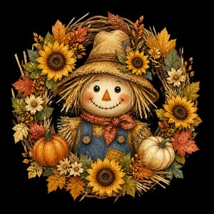 Peut inclure: Une couronne décorative présentant une figurine d'épouvantail centrale portant un chapeau de paille, un foulard à motifs rouges et une salopette en jean bleu. La couronne est ornée de tournesols jaunes, de citrouilles orange et blanches.