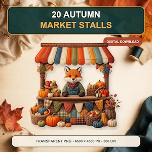 Peut inclure: Un graphique en téléchargement numérique représentant un renard debout derrière un étal de marché en bois avec un auvent rayé. L'étal est décoré de guirlandes en tissu coloré et rempli de paniers de citrouilles, de pommes et de feuillage d'automne.