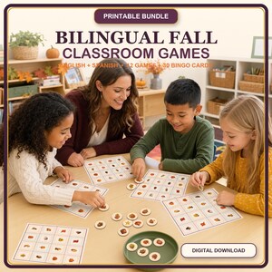 Peut inclure: Un ensemble imprimable de jeux de classe bilingues sur le thème de l'automne, avec du texte en anglais et en espagnol, 12 jeux et 30 cartes de bingo. Le kit comprend des planches de bingo en papier illustrées et des jetons circulaires.