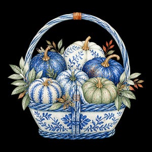 Blue and White Pumpkin Harvest Clipart Bundle, 12 Watercolor PNG, Heirloom Chinoiserie Fall Graphics, Commercial Use
