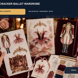 Peut inclure: Une collection numérique de cliparts de garde-robe de ballet Casse-Noisette comprenant 20 fichiers PNG. L'ensemble inclut des illustrations d'une veste militaire rouge et or, d'un tutu rose, d'une couronne ornée et d'une armoire, présentés sur papier.