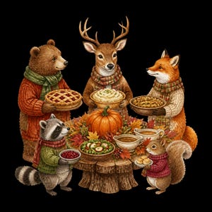 Peut inclure: Une illustration numérique représentant un ours, un cerf, un renard, un raton laveur et un écureuil portant des pulls et des écharpes en tricot, réunis autour d'une table en souche d'arbre avec une citrouille, des feuilles et des plats.