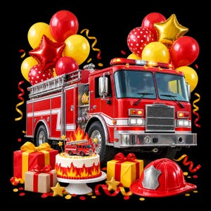 Peut inclure: Un camion de pompiers rouge entouré de ballons rouges et jaunes, un gâteau décoré de flammes avec une figurine de camion, des cadeaux emballés avec des rubans jaunes et un casque de pompier rouge sur un fond noir uni.