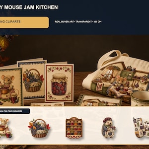 Cozy Mouse Jam Kitchen Clipart Bundle, 20 Premium Needlepoint PNG, Quilted Cottage Pantry Fall Animal Graphics, Transparent Commercial Use