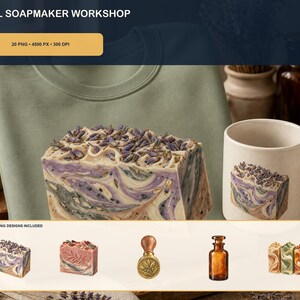 May include: A digital design set titled FALL SOAPMAKER WORKSHOP featuring 20 PNG files at 4500 px and 300 DPI. The collection includes graphics of lavender-topped soap bars, a wax seal stamp, and an amber glass bottle for creative projects.