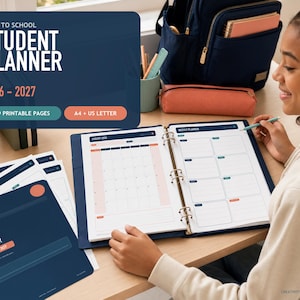 Peut inclure: Un agenda étudiant 2026-2027 avec 19 pages imprimables aux formats A4 et US Letter. L'agenda présente une couverture bleu foncé avec du texte blanc, incluant une vue calendrier mensuel et une mise en page hebdomadaire avec des sections organisées.
