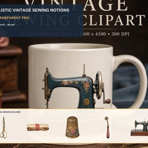 Peut inclure: Une collection numérique de 20 accessoires de couture vintage réalistes au format PNG transparent. L'ensemble comprend des illustrations de ciseaux en métal, un ruban à mesurer, un dé à coudre floral, une roulette et une machine à coudre bleue.