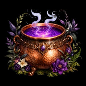 Peut inclure: Un chaudron en cuivre martelé avec deux poignées latérales et une pierre précieuse violette centrale. Le récipient contient un liquide violet brillant émettant deux volutes de vapeur blanche, entouré de fleurs violettes, de fougères et de baies.