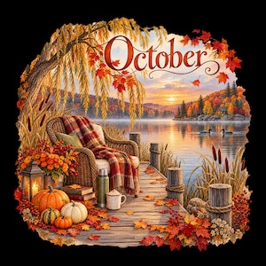 Puede incluir: Una ilustración gráfica con la palabra October en letra elegante sobre un muelle junto al lago. Una silla de mimbre con una manta a cuadros se encuentra junto a calabazas, un farol, libros y un termo, rodeada de follaje otoñal.