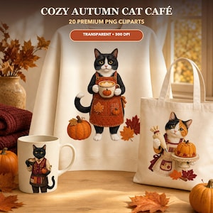 Peut inclure: Une collection de graphiques numériques représentant un chat noir et blanc en tablier orange tenant une tasse citrouille, un chat calico avec une poche à douille et un chat noir en gilet, sur un sweat-shirt, un sac fourre-tout et une tasse.