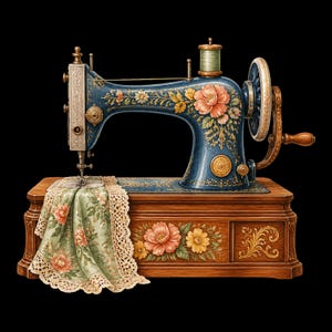 Peut inclure: Une machine à coudre de style ancien avec un corps en métal bleu orné de motifs floraux peints en rose et jaune. Elle repose sur une base en bois rectangulaire avec des détails sculptés et un tissu vert drapé avec une bordure en dentelle.