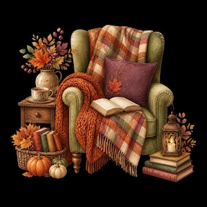 Autumn Reading Nook Clipart Bundle, 20 Watercolor PNG, Cozy Books Tea Blanket Fall Graphics, Commercial Use