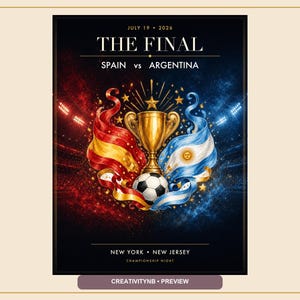 Peut inclure: Une affiche pour le match de football du 19 juillet 2026 entre l'Espagne et l'Argentine à New York et dans le New Jersey. Elle présente un trophée doré, un ballon de football et les drapeaux de l'Espagne et de l'Argentine sur fond sombre.