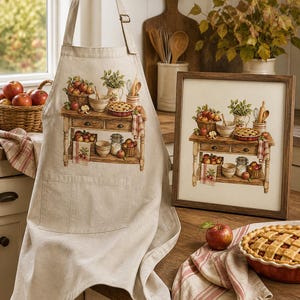 Peut inclure: Un tablier de cuisine beige orné d'une illustration imprimée représentant une table en bois chargée de paniers de pommes rouges, d'une tarte et de bols. Le tablier comprend une grande poche avant et une sangle de cou réglable avec une boucle en métal.