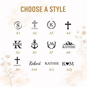 May include: A selection of personalized design options, including monograms, crosses, anchors, antlers, and mountain silhouettes. The text "CHOOSE A STYLE" is at the top. Each design is labeled with a letter and number combination, such as A1, A2, etc.