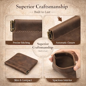 May include: A brown leather pouch with a metal clasp, showcasing features like precise stitching, automatic closure, and a spacious interior. The text "Superior Craftsmanship" and "Built to Last" are displayed.
