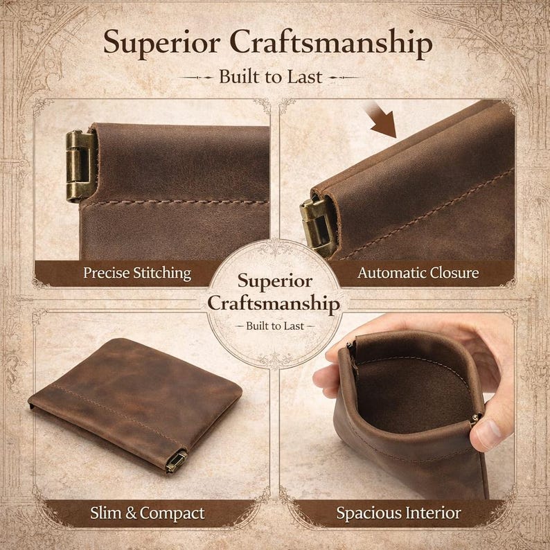 May include: A brown leather pouch with a metal clasp, showcasing features like precise stitching, automatic closure, and a spacious interior. The text "Superior Craftsmanship" and "Built to Last" are displayed.