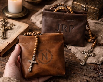 Leder Rosenkranz Beutel, personalisierte handgefertigte Vintage Gebetsperlen Etui, katholisches Geschenk, Erstkommunion Konfirmation