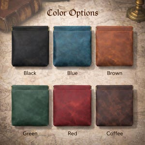 May include: An assortment of small, square pouches in various colors: black, blue, brown, green, red, and coffee. Each pouch has a gold-colored metal frame at the top. The words "Color Options" are displayed at the top of the image.