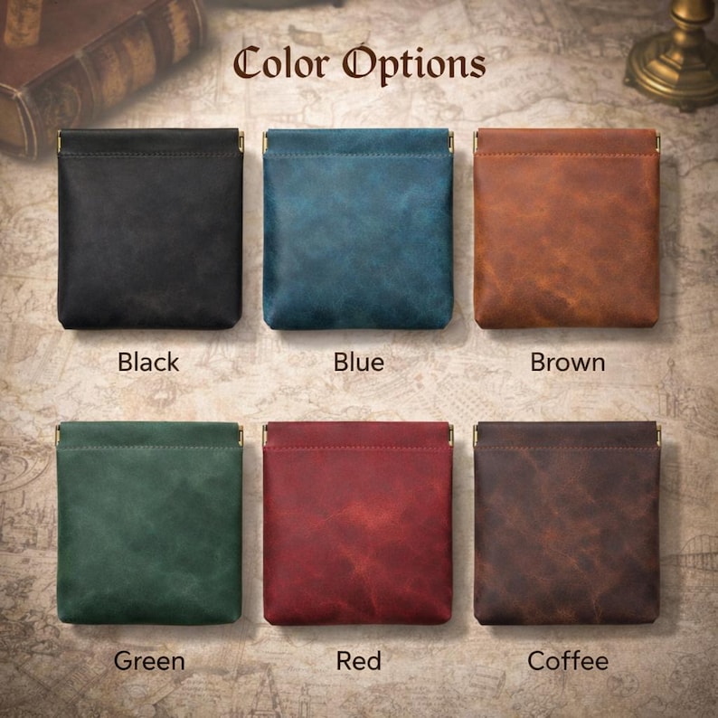 May include: An assortment of small, square pouches in various colors: black, blue, brown, green, red, and coffee. Each pouch has a gold-colored metal frame at the top. The words "Color Options" are displayed at the top of the image.