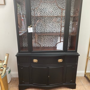 SOLD example Custom painting Large Black China hutch I removable wallpaper in back image 1