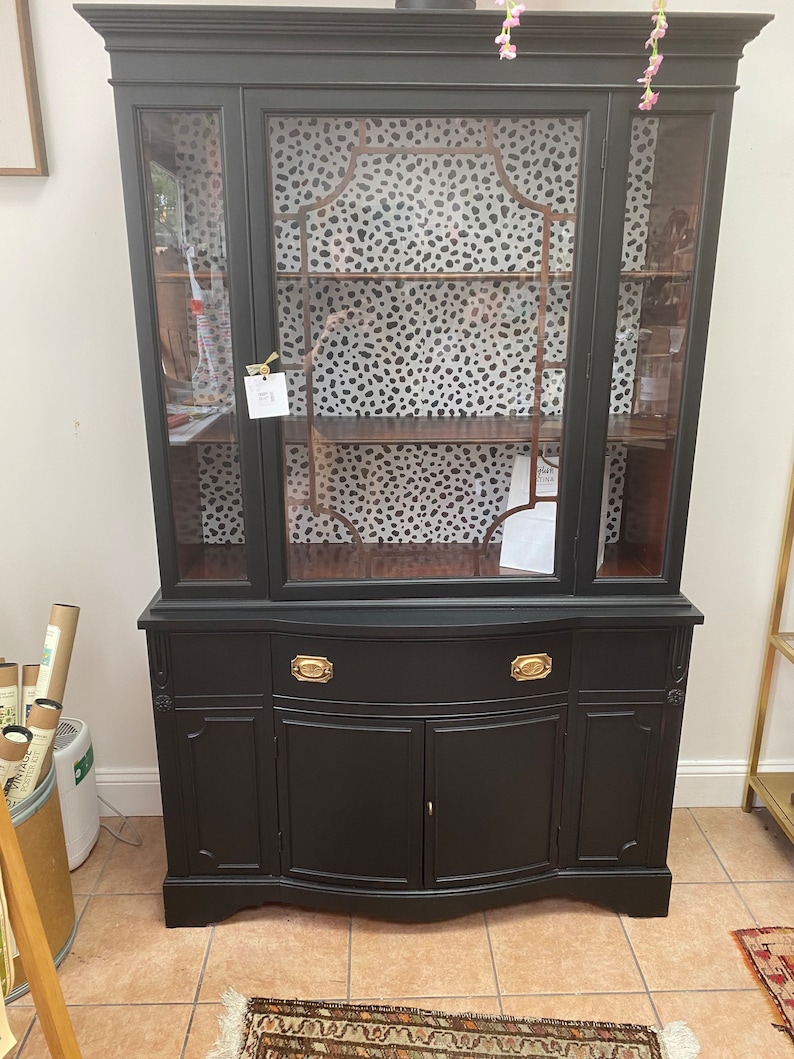 SOLD example Custom painting Large Black China hutch I removable wallpaper in back image 1