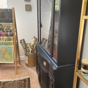 SOLD example Custom painting Large Black China hutch I removable wallpaper in back image 2