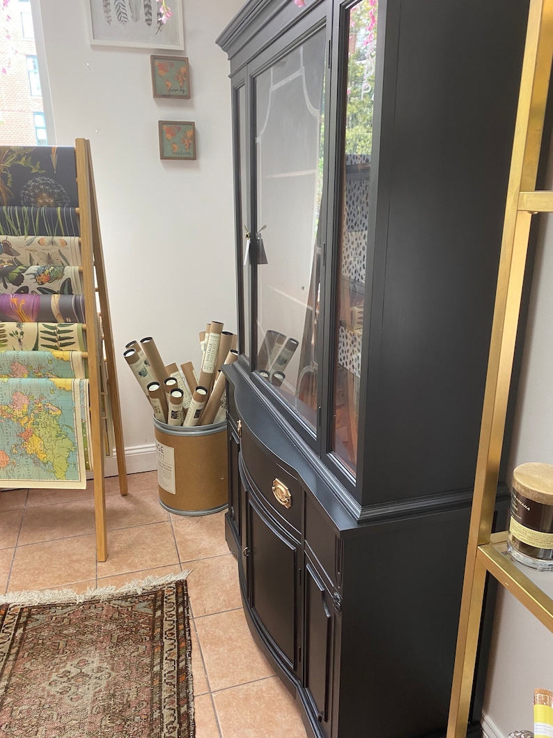 SOLD example Custom painting Large Black China hutch I removable wallpaper in back image 2