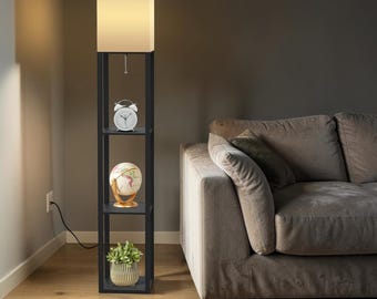 Modern Solid Wood Shelf Floor Lamp, Minimalist Black Column Lighting, Farmhouse Decor