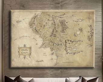 Middle Earth Map Canvas Art, Vintage World Map Poster, Wall Painting, Man Cave Decor