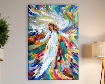 Abstract Angel Canvas Art, Colorful Guardian Angel Painting, Modern Spiritual Home Decor