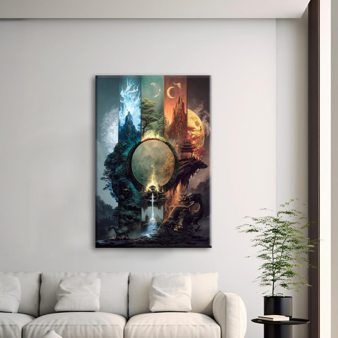 Mythical Elemental Landscape Canvas Art - Zen Fantasy Dragon Wall Decor ...