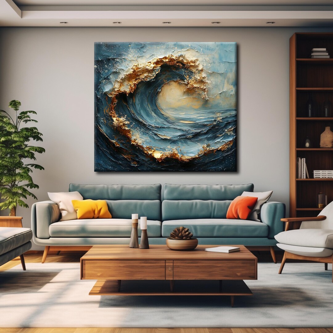Gold Wave Wall Art, Abstract Ocean Canvas Print, Blue Coastal Decor ...