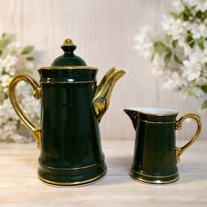 Wächtersbach Vintage Coffee Pot and Creamer Set, German Porcelain, Black with Gold Trim, Mid Century Coffee Service, Set of 2