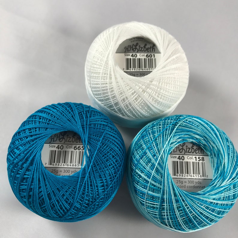 Your Choice of Amount 665 158 and 601 Lizbeth Tatting Thread Niagara FallsSnow WhiteDark Ocean Teal 3 Pack Size 20 or 40