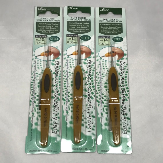 SOFT TOUCH STEEL Clover Crochet hooks. Ergonomic soft grip for fine threads  and jewelry making. Available in 8 sizes 0-14 (1.75mm-.5mm)