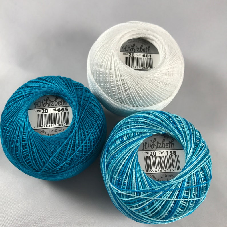 Your Choice of Amount 665 158 and 601 Lizbeth Tatting Thread Niagara FallsSnow WhiteDark Ocean Teal 3 Pack Size 20 or 40