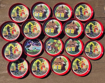 Set of 18 scandinavian tin coasters with fairy tale motifs