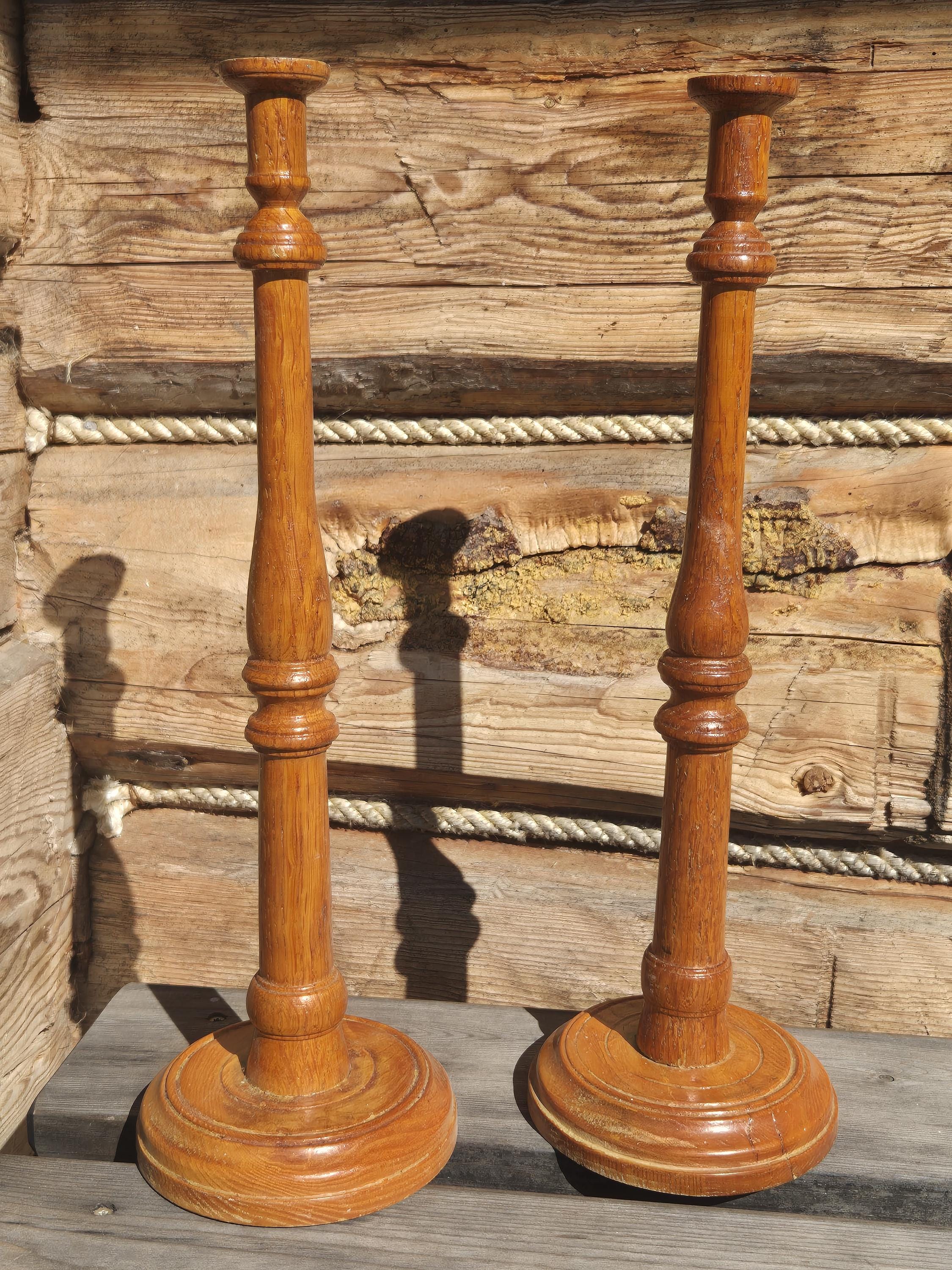 Pair of Vintage Scandinavian Tall Hand Turned Wooden Candlestick ...