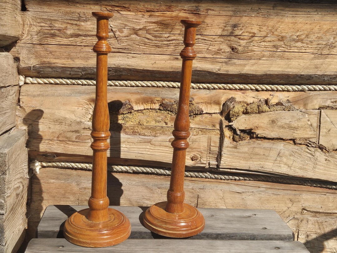 Pair of Vintage Scandinavian Tall Hand Turned Wooden Candlestick ...