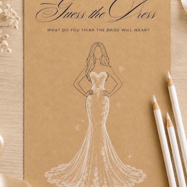 Printed Guess The Dress Game pencils included, Bridal Shower, Wedding Shower Activity, Kraft Paper Cards