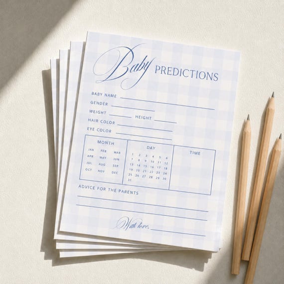 Blue Gingham Baby Shower Predictions with pencils, Advice card, Game, Baby Boy Shower Activity (Printed and Shipped)