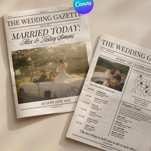 May include: Two wedding newspapers with the headline "THE WEDDING GAZETTE". One features a photo of a couple in a vintage car, the other details the wedding timeline and reception details. The date "August 15th, 2027" is visible.