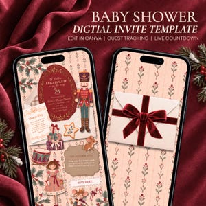Op de afbeelding: Twee smartphones tonen een digitale babyshower uitnodigingssjabloon met een notenkraker, muizen en kerstmotieven. De tekst luidt BABY SHOWER DIGITAL INVITE TEMPLATE, EDIT IN CANVA, GUEST TRACKING, LIVE COUNTDOWN, A little SUGARPLUM is on the way en RSVP HERE.
