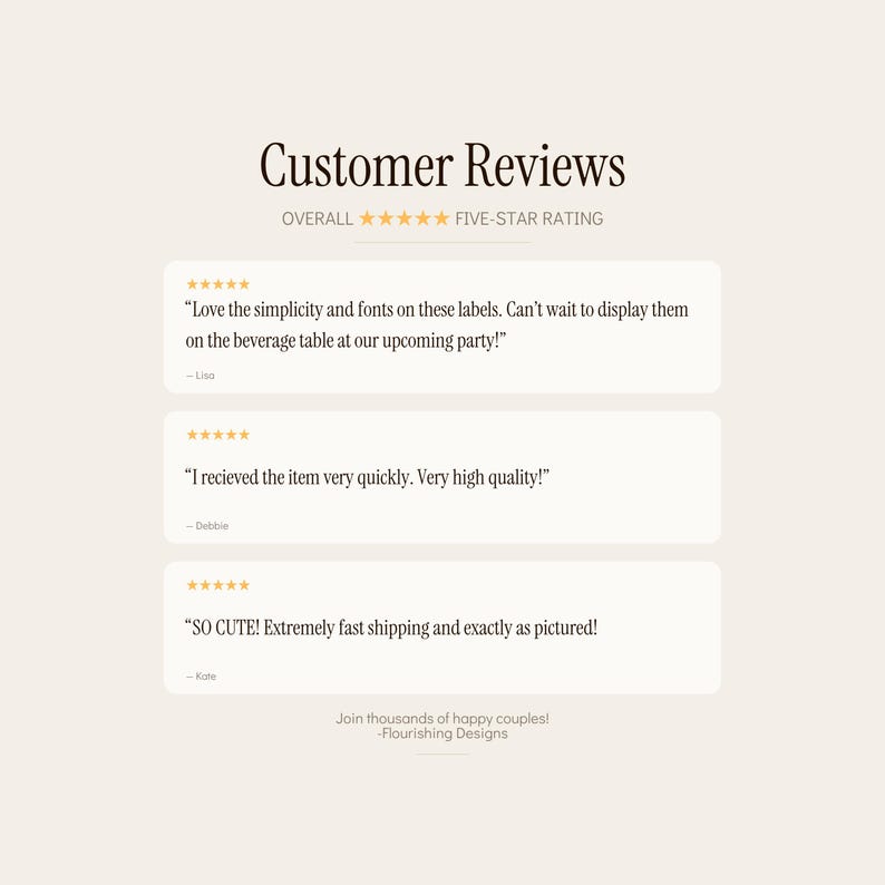 May include: A graphic display titled Customer Reviews featuring an overall five-star rating and three individual testimonials. The text includes quotes from Lisa, Debbie, and Kate, followed by the footer text Join thousands of happy couples! -Flourishing Designs.